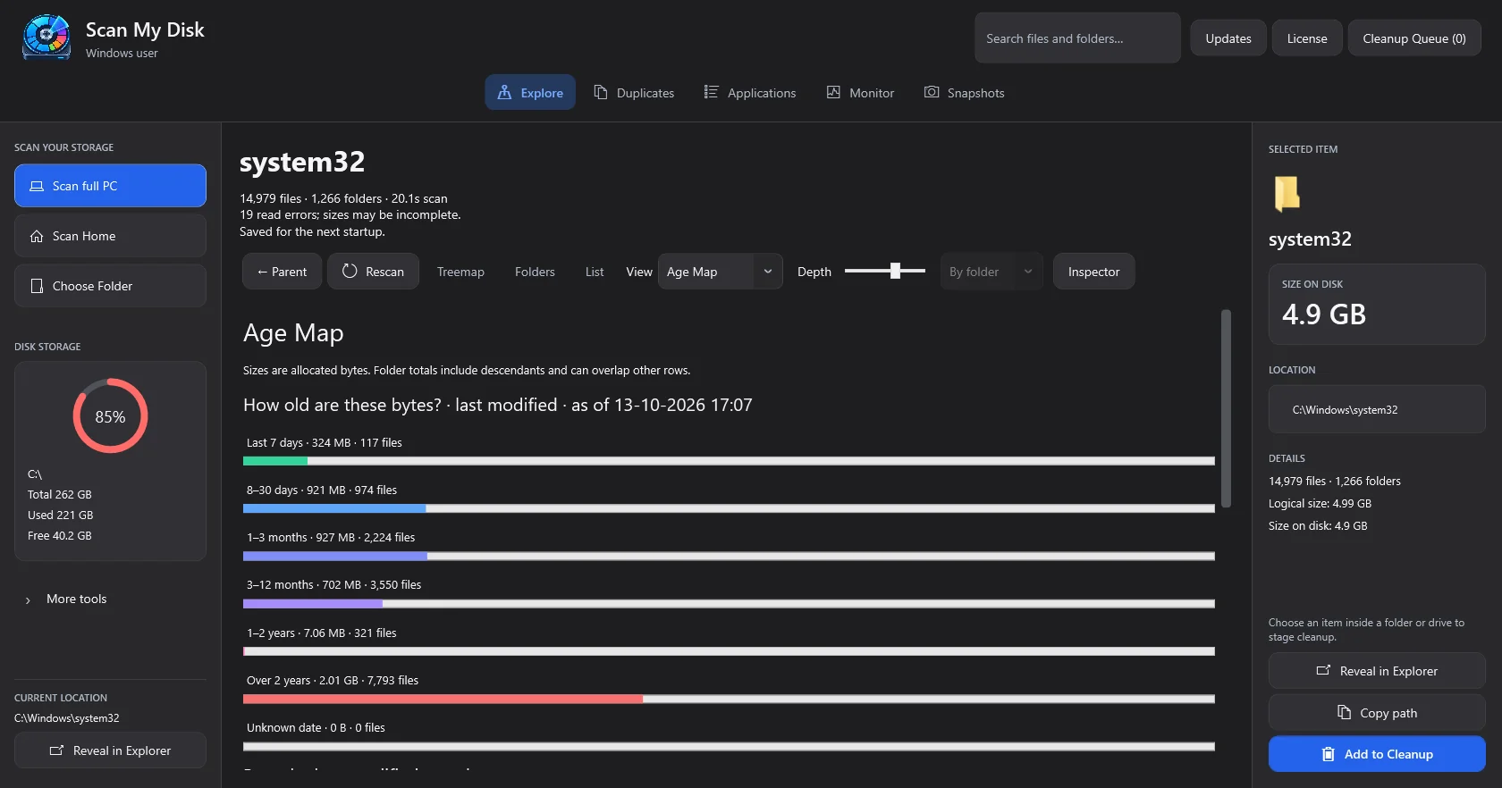ScanMyDisk Windows disk usage Age Map view