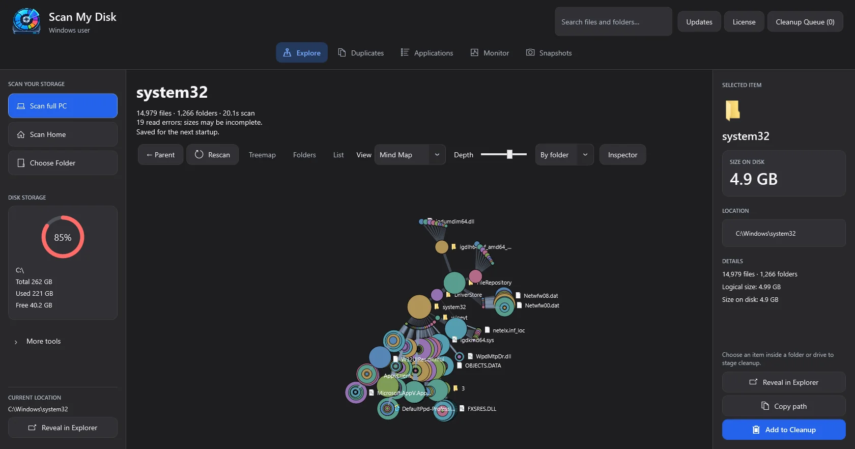 ScanMyDisk Windows disk usage Mind Map view