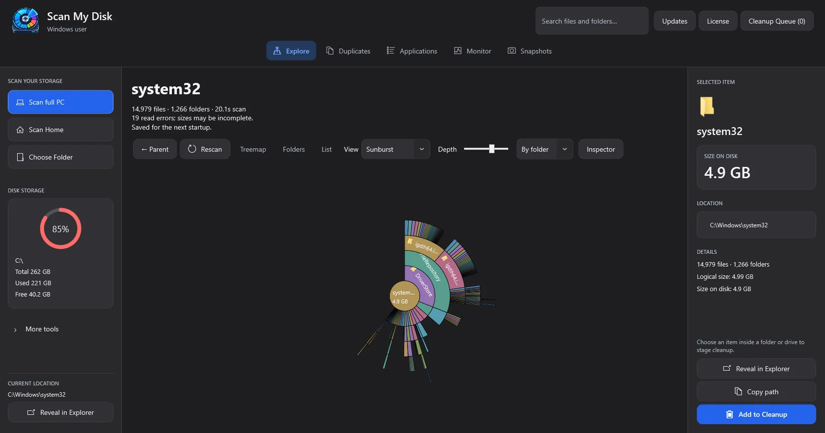 ScanMyDisk Windows disk usage Sunburst view